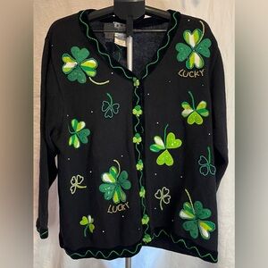 Quacker Factory St Patrick’s Day Cardigan Black W/4 Leaf Clovers 1X Pre-Owned